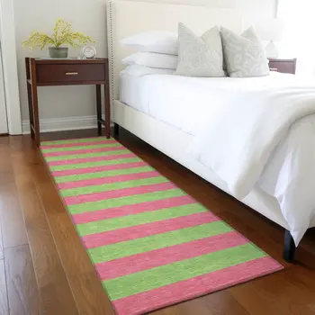 2' X 8' Green and Red Striped Washable Indoor Outdoor Runner Rug