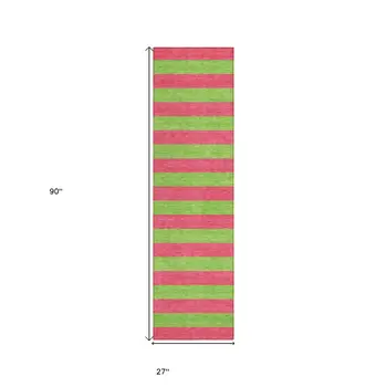 2' X 8' Green and Red Striped Washable Indoor Outdoor Runner Rug