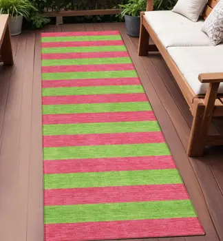 2' X 8' Green and Red Striped Washable Indoor Outdoor Runner Rug