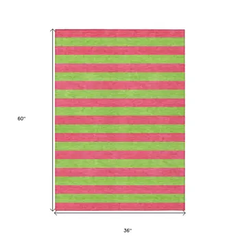 3' X 5' Green and Red Striped Washable Non Skid Indoor Outdoor Area Rug
