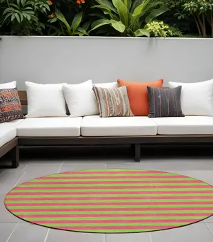 8' Round Green and Red Round Striped Washable Non Skid Indoor Outdoor Area Rug