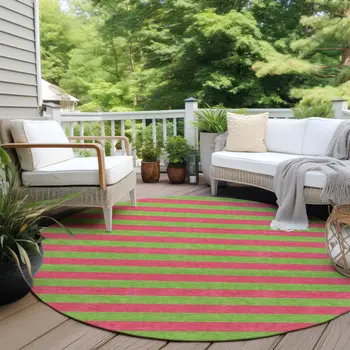 8' Round Green and Red Round Striped Washable Non Skid Indoor Outdoor Area Rug