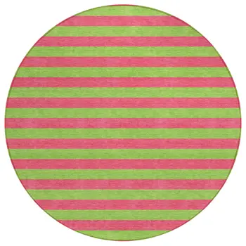 8' Round Green and Red Round Striped Washable Non Skid Indoor Outdoor Area Rug