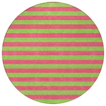 8' Round Green and Red Round Striped Washable Non Skid Indoor Outdoor Area Rug
