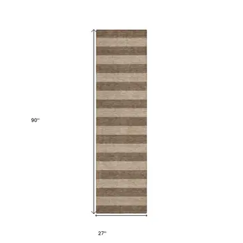 8' Runner Coffee Striped Washable Non Skid Indoor Outdoor Runner Rug