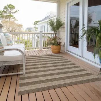 9' X 12' Coffee Striped Washable Non Skid Indoor Outdoor Area Rug