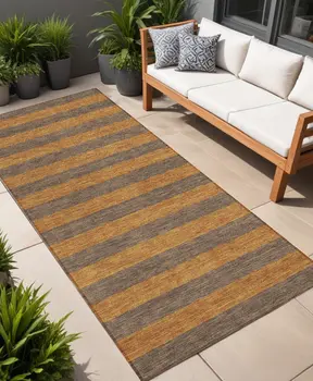 8' Runner Brown and Tan Striped Washable Non Skid Indoor Outdoor Runner Rug