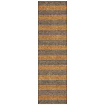 8' Runner Brown and Tan Striped Washable Non Skid Indoor Outdoor Runner Rug