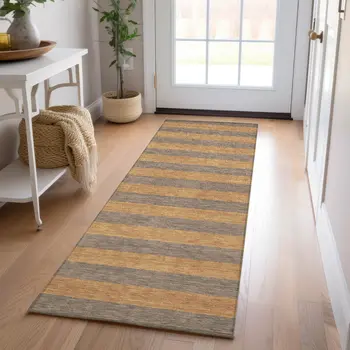 8' Runner Brown and Tan Striped Washable Non Skid Indoor Outdoor Runner Rug