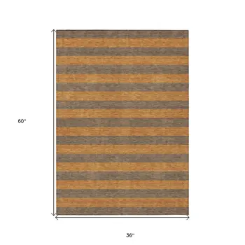 3' X 5' Brown and Tan Striped Washable Non Skid Indoor Outdoor Area Rug