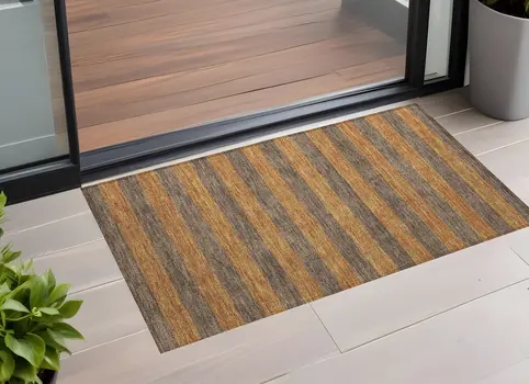 3' X 5' Brown and Tan Striped Washable Non Skid Indoor Outdoor Area Rug