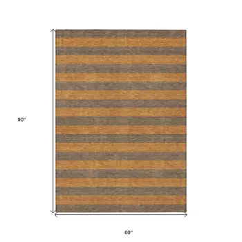 5' X 8' Brown and Tan Striped Washable Non Skid Indoor Outdoor Area Rug