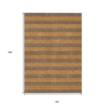 10' X 14' Brown and Tan Striped Washable Non Skid Indoor Outdoor Area Rug