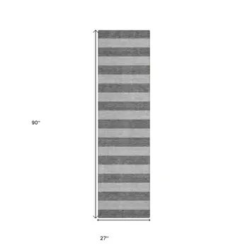 8' Runner Gray and White Striped Washable Non Skid Indoor Outdoor Runner Rug