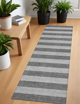 8' Runner Gray and White Striped Washable Non Skid Indoor Outdoor Runner Rug