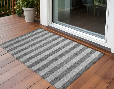 3' X 5' Gray and White Striped Washable Non Skid Indoor Outdoor Area Rug