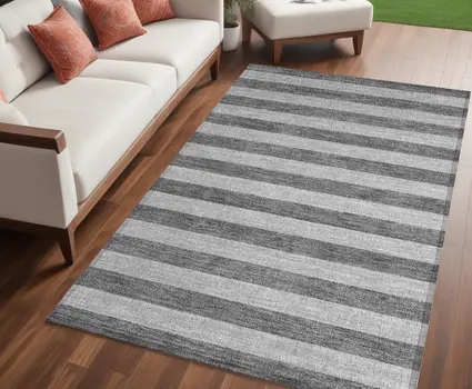 5' X 8' Gray and White Striped Washable Non Skid Indoor Outdoor Area Rug