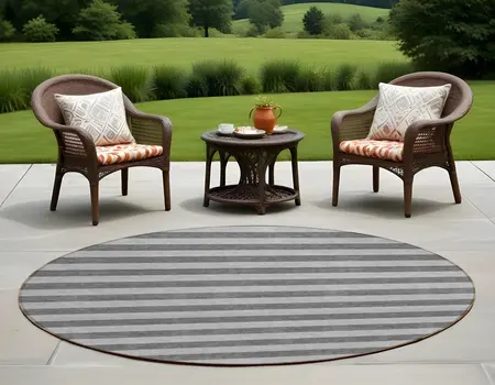 8' Round Gray and White Round Striped Washable Non Skid Indoor Outdoor Area Rug