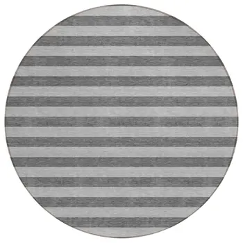 8' Round Gray and White Round Striped Washable Non Skid Indoor Outdoor Area Rug