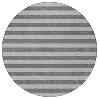 8' Round Gray and White Round Striped Washable Non Skid Indoor Outdoor Area Rug