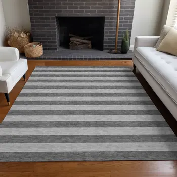 9' X 12' Gray and White Striped Washable Non Skid Indoor Outdoor Area Rug