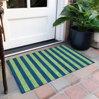2' X 3' Navy Blue Striped Washable Non Skid Indoor Outdoor Area Rug