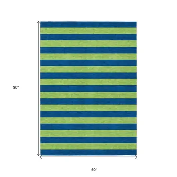 5' X 8' Navy Blue Striped Washable Non Skid Indoor Outdoor Area Rug