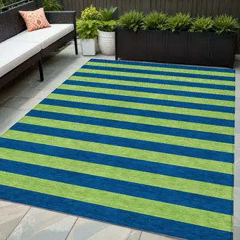5' X 8' Navy Blue Striped Washable Non Skid Indoor Outdoor Area Rug