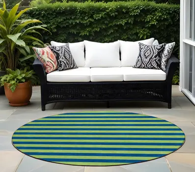 8' Round Navy Blue Round Striped Washable Non Skid Indoor Outdoor Area Rug