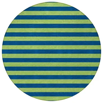 8' Round Navy Blue Round Striped Washable Non Skid Indoor Outdoor Area Rug