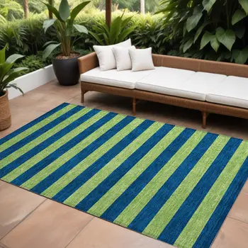 9' X 12' Navy Blue Striped Washable Non Skid Indoor Outdoor Area Rug