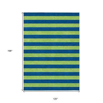 10' X 14' Navy Blue Striped Washable Non Skid Indoor Outdoor Area Rug