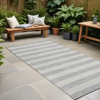 8' Runner Gray and Ivory Striped Washable Non Skid Indoor Outdoor Runner Rug