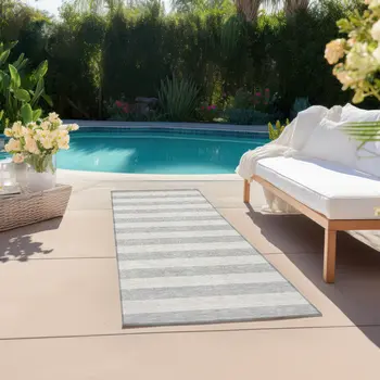 8' Runner Gray and Ivory Striped Washable Non Skid Indoor Outdoor Runner Rug