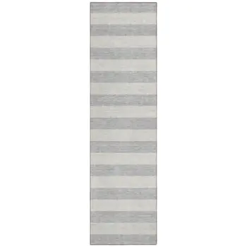 8' Runner Gray and Ivory Striped Washable Non Skid Indoor Outdoor Runner Rug