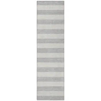 8' Runner Gray and Ivory Striped Washable Non Skid Indoor Outdoor Runner Rug