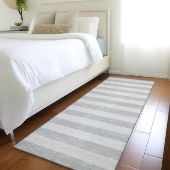 8' Runner Gray and Ivory Striped Washable Non Skid Indoor Outdoor Runner Rug