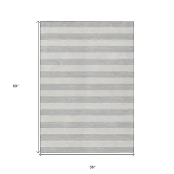3' X 5' Gray and Ivory Striped Washable Non Skid Indoor Outdoor Area Rug