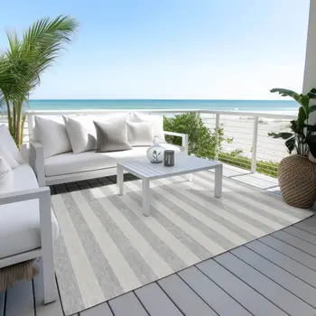 3' X 5' Gray and Ivory Striped Washable Non Skid Indoor Outdoor Area Rug