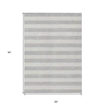 5' X 8' Gray and Ivory Striped Washable Non Skid Indoor Outdoor Area Rug