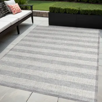 5' X 8' Gray and Ivory Striped Washable Non Skid Indoor Outdoor Area Rug