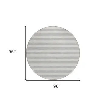 8' Round Gray and Ivory Round Striped Washable Non Skid Indoor Outdoor Area Rug