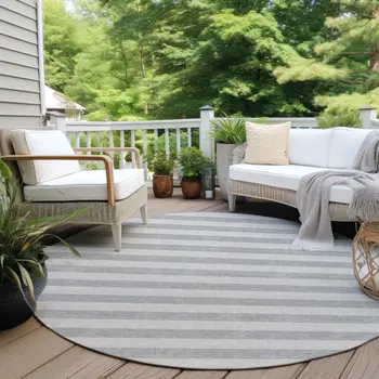 8' Round Gray and Ivory Round Striped Washable Non Skid Indoor Outdoor Area Rug