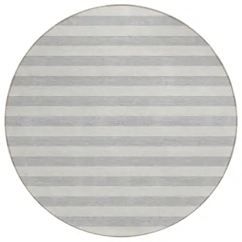 8' Round Gray and Ivory Round Striped Washable Non Skid Indoor Outdoor Area Rug