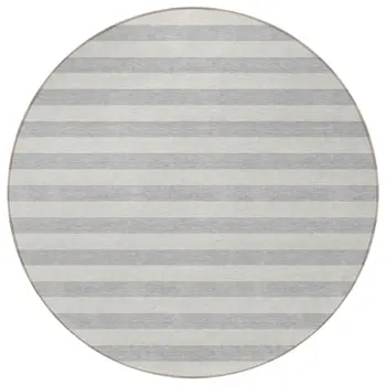 8' Round Gray and Ivory Round Striped Washable Non Skid Indoor Outdoor Area Rug