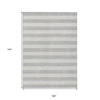 9' X 12' Gray and Ivory Striped Washable Non Skid Indoor Outdoor Area Rug