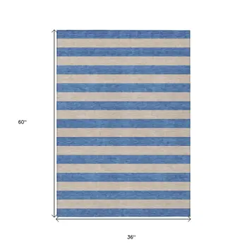 3' X 5' Tan Striped Washable Non Skid Indoor Outdoor Area Rug