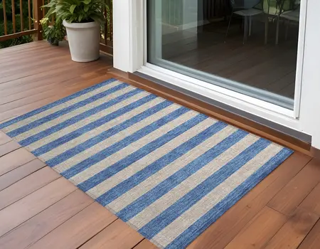 3' X 5' Tan Striped Washable Non Skid Indoor Outdoor Area Rug