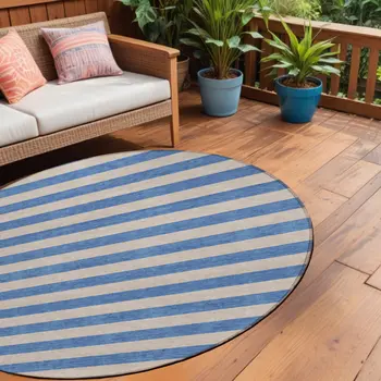 8' Round Tan Round Striped Washable Non Skid Indoor Outdoor Area Rug