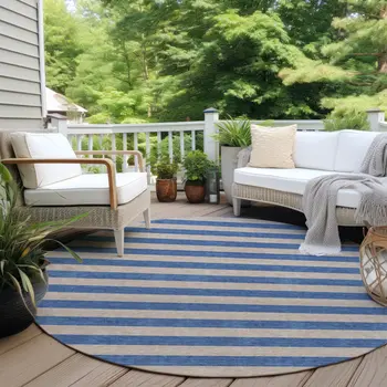8' Round Tan Round Striped Washable Non Skid Indoor Outdoor Area Rug